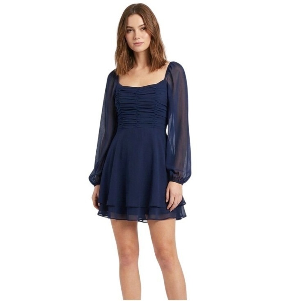 Altar'd State Dress Women Medium Navy Blue Smocked Square Neck Chiffon Mini Boho